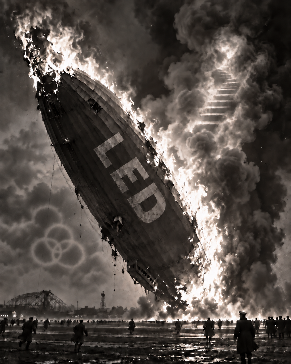 A burning zeppelin falling through smoke, with a faint stairway rising through the clouds